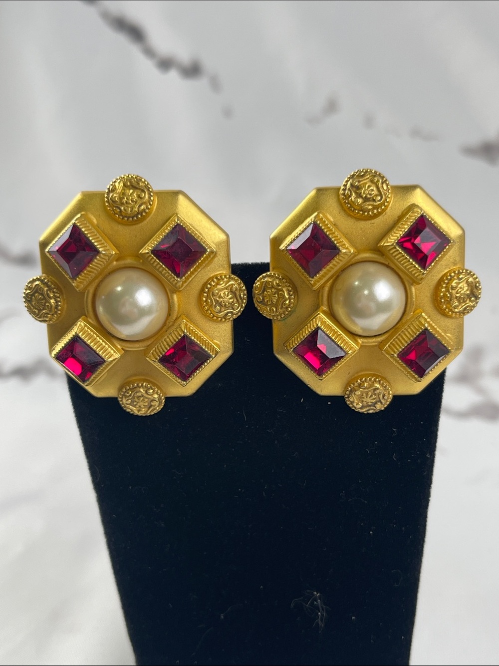 Natasha Stambouli Signed Clip Earrings Matte Gold Plated Faux Pearl Ruby Button